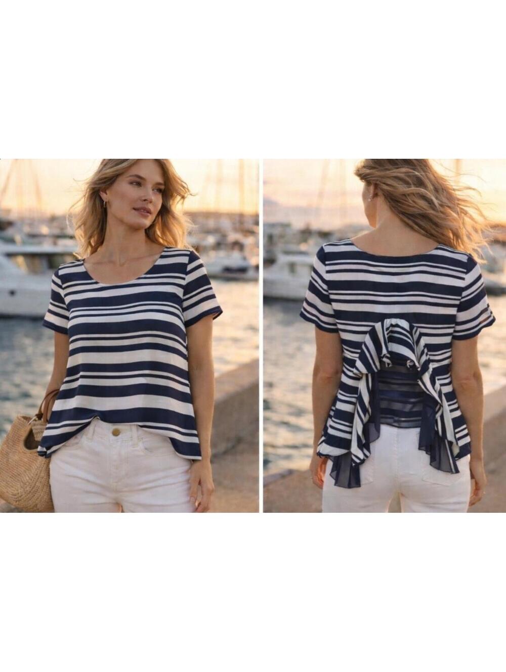 Anthro Maeve Striped Ruffle Blouse Womens Size Large Navy White Peplum Flowy Top